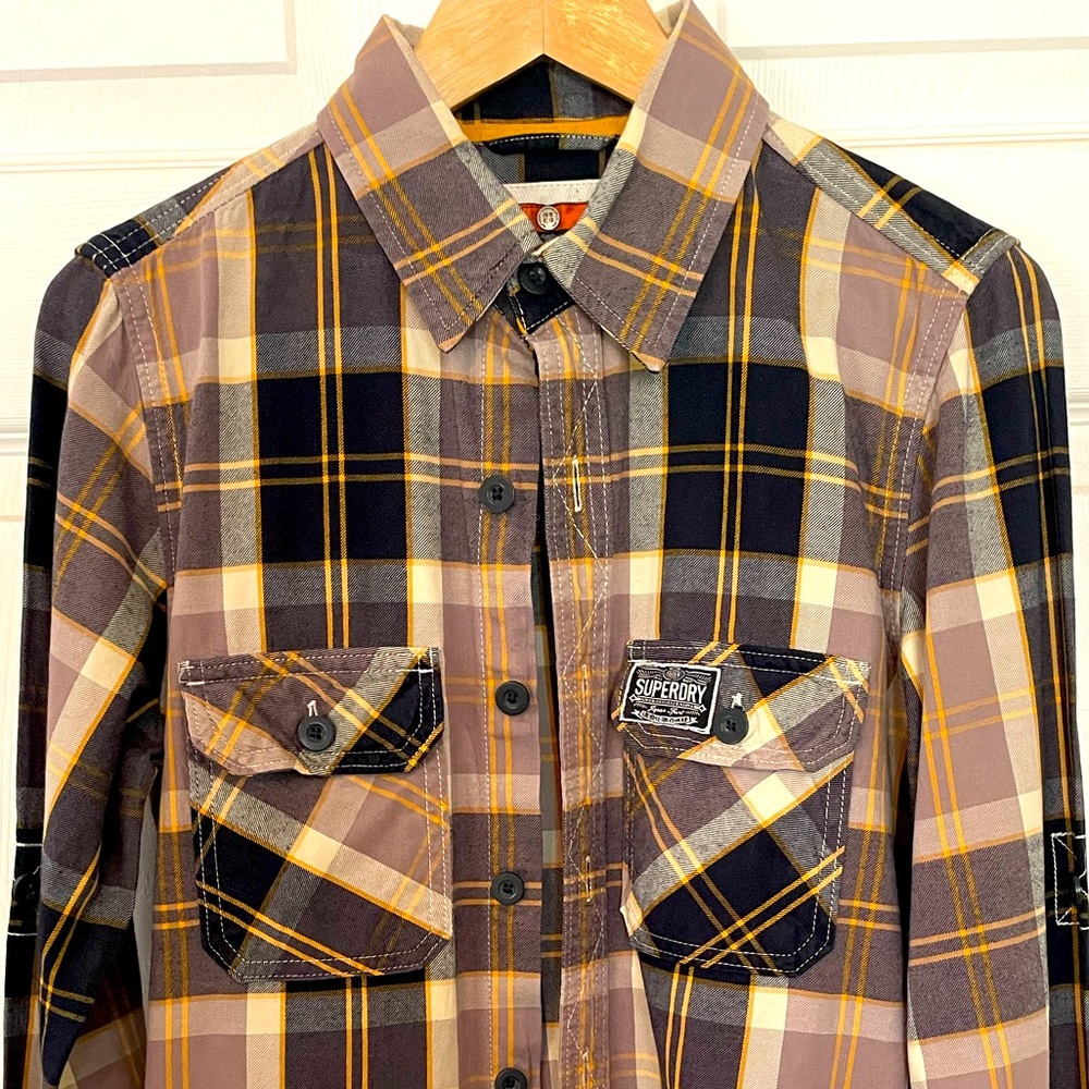 Men’s, “Superdry,” tan plaid, flannel shirt
